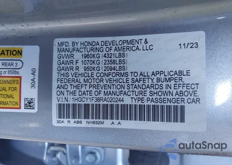 2024 Honda Accord Ex from USA, damaged, VIN 1HGCY1F38RA020244